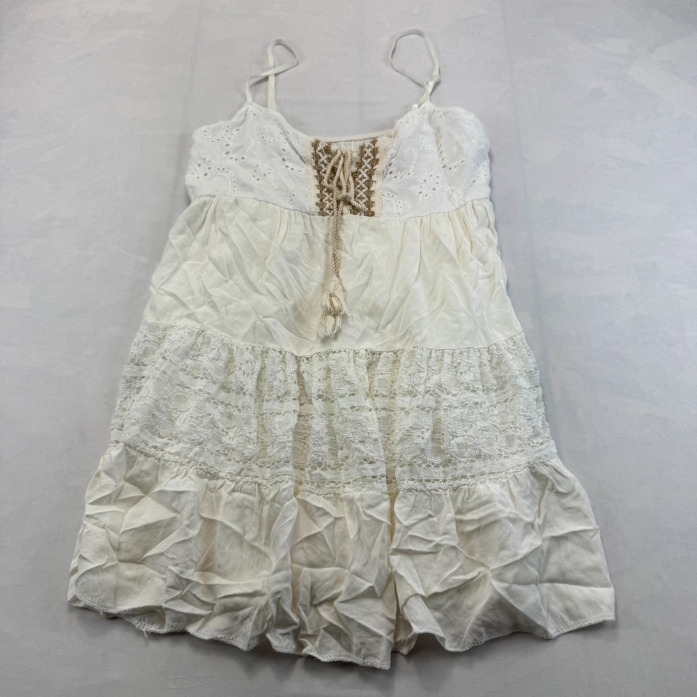 Made in Italy Women's Small White Boho Lace Eyelet Tiered Mini Dress Tassel